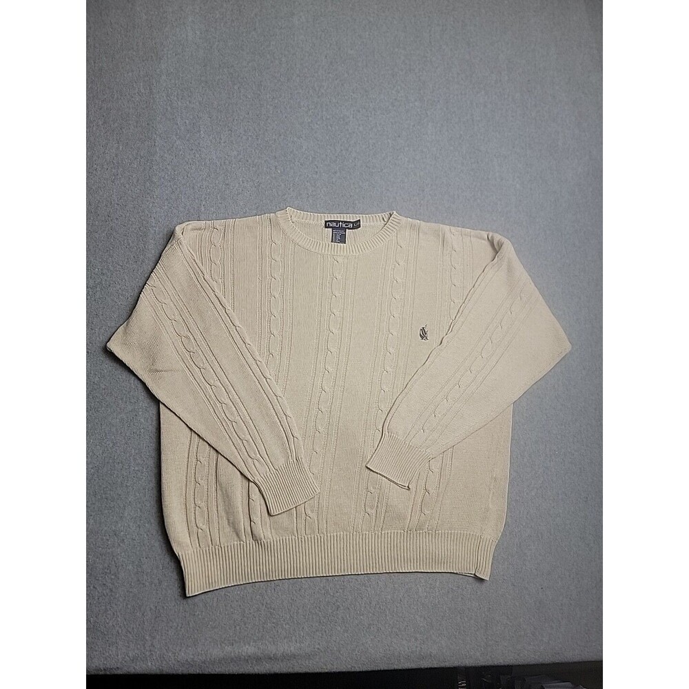 Vtg‎ Nautica Sweater Mens L Gray Cable Knit Cotton Linen Blend USA Grandpa 90s
